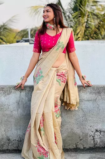 beige designer muga silk blend saree with all over floral weaving & classic tassels | trendy contrast blouse saree