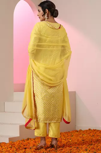 Yellow embroidered chanderi kurta set