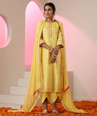 Yellow embroidered chanderi kurta set 1