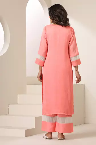 Peach plain silk kurta set