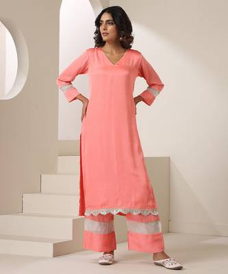 Peach plain silk kurta set 1