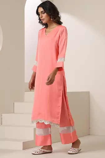Peach plain silk kurta set