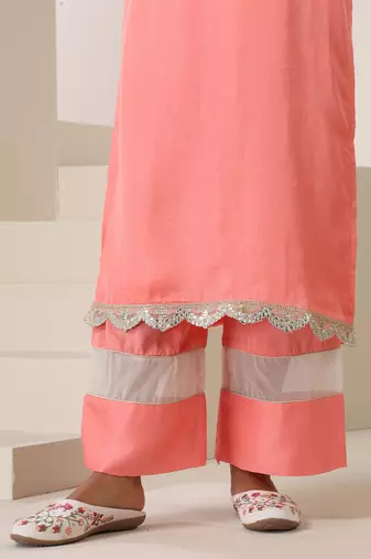 Peach plain silk kurta set