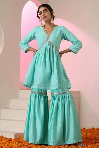 Blue embroidered chanderi gharara set