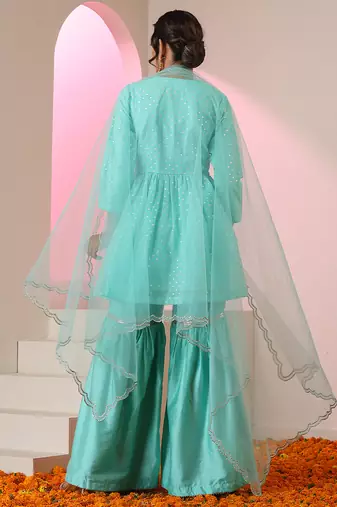 Blue embroidered chanderi gharara set