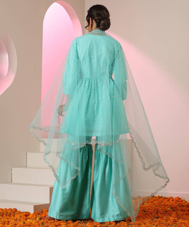 Blue embroidered chanderi gharara set