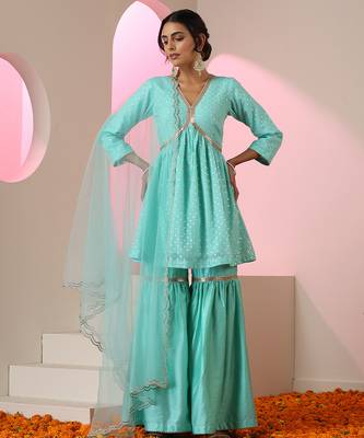 Blue embroidered chanderi gharara set 1