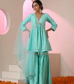 Blue embroidered chanderi gharara set