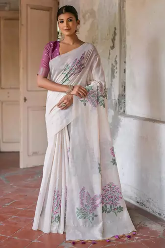 purple soft muga silk blend saree with floral weaving & zari patta pallu with contrast blouse