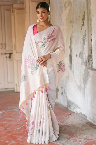 pink soft muga silk blend saree with floral weaving & zari patta pallu with contrast blouse