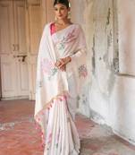 pink soft muga silk blend saree with floral weaving & zari patta pallu with contrast blouse
