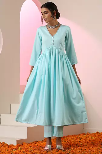 Blue plain cotton anarkali