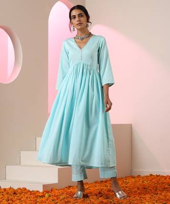 Blue plain cotton anarkali 1