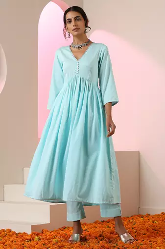 Blue plain cotton anarkali