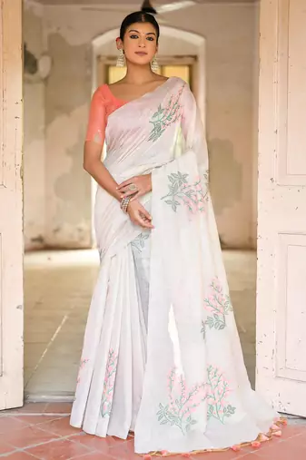 peach soft muga silk blend saree with floral weaving & zari patta pallu with contrast blouse