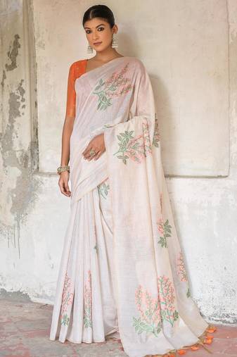 orange soft muga silk blend saree with floral weaving & zari patta pallu with contrast blouse
