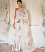 orange soft muga silk blend saree with floral weaving & zari patta pallu with contrast blouse