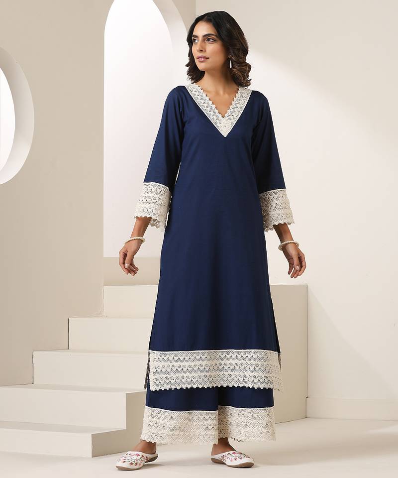 Blue plain muslin kurta set