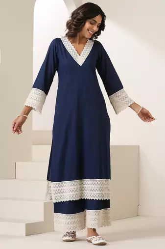 Blue plain muslin kurta set