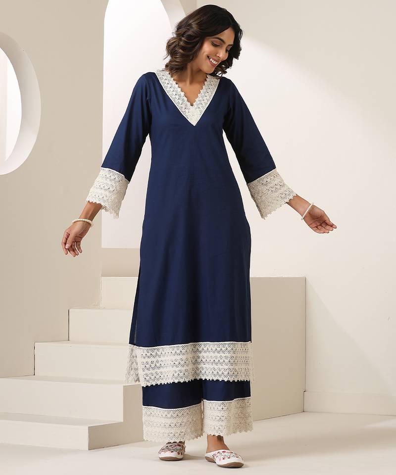 Blue plain muslin kurta set
