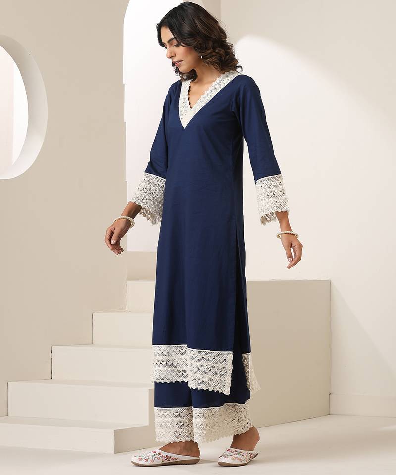 Blue plain muslin kurta set
