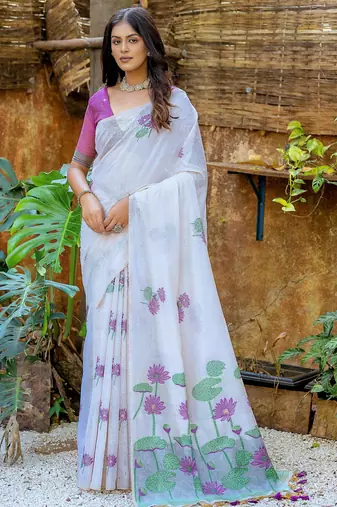 purple soft muga art silk saree with all over floral weaving | pichwai woven pallu | classic tassels | contrast blouse