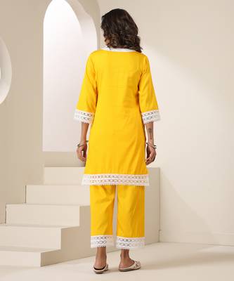 Yellow plain cotton kurta set 3