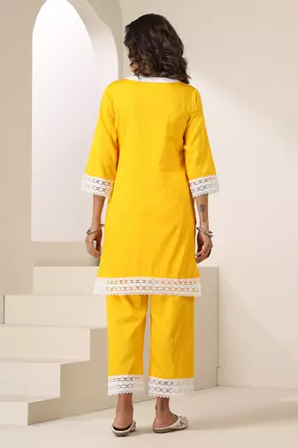 Yellow plain cotton kurta set
