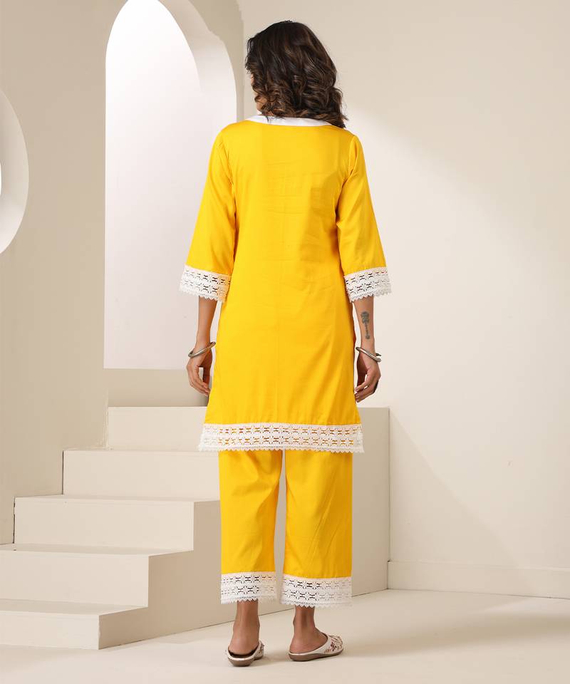Yellow plain cotton kurta set