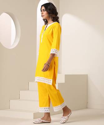 Yellow plain cotton kurta set 4