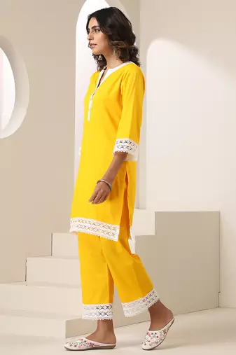 Yellow plain cotton kurta set