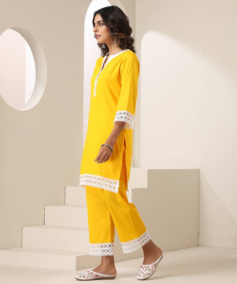 Yellow plain cotton kurta set