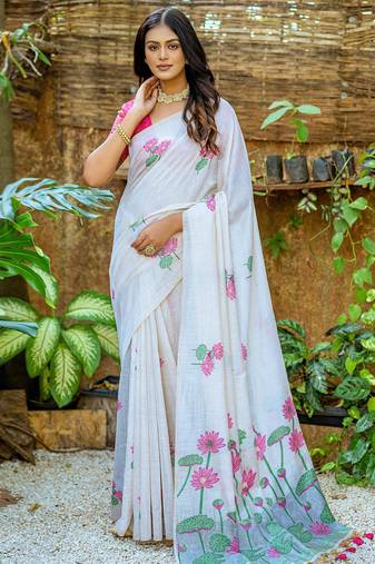 pink soft muga art silk saree with all over floral weaving | pichwai woven pallu | classic tassels | contrast blouse