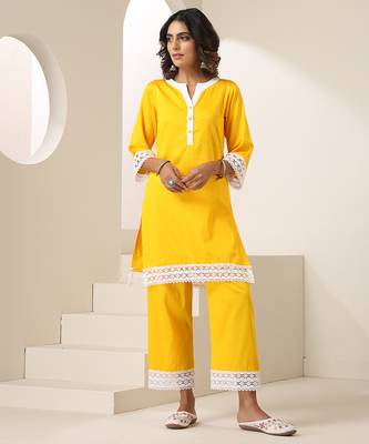 Yellow plain cotton kurta set 1