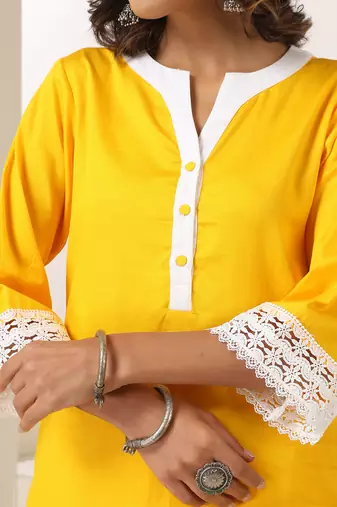 Yellow plain cotton kurta set