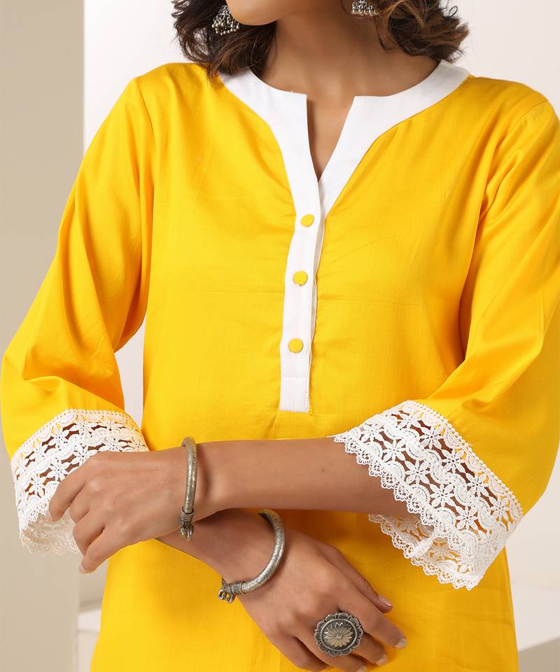 Yellow plain cotton kurta set
