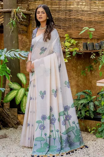 Navy blue soft muga silk saree with all over floral weaving | pichwai woven pallu | classic tassels | contrast blouse