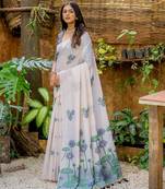 Navy blue soft muga silk saree with all over floral weaving | pichwai woven pallu | classic tassels | contrast blouse