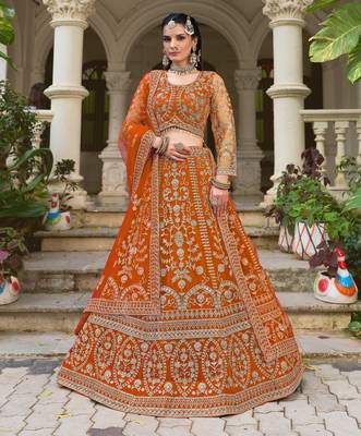 Rust Orange Heavy Can-Can Flair & Diamond Work Lehenga Choli With Dupatta 1