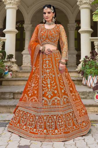 Rust Orange Heavy Can-Can Flair & Diamond Work Lehenga Choli With Dupatta