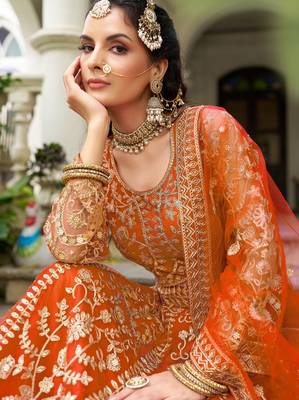 Rust Orange Heavy Can-Can Flair & Diamond Work Lehenga Choli With Dupatta 2