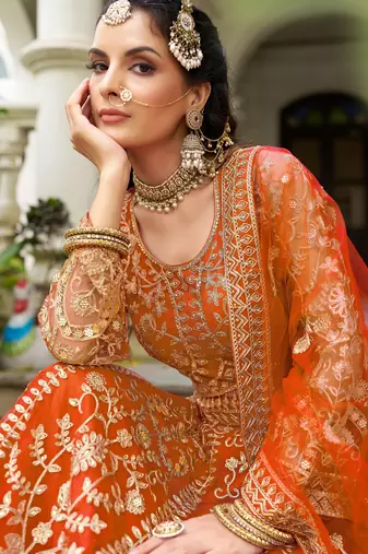 Rust Orange Heavy Can-Can Flair & Diamond Work Lehenga Choli With Dupatta