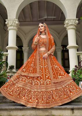 Rust Orange Heavy Can-Can Flair & Diamond Work Lehenga Choli With Dupatta 3