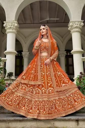 Rust Orange Heavy Can-Can Flair & Diamond Work Lehenga Choli With Dupatta