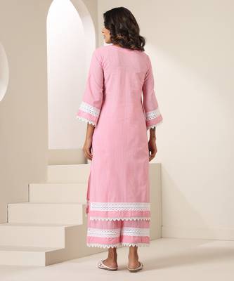 Pink plain cotton kurta set 4