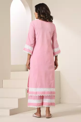 Pink plain cotton kurta set