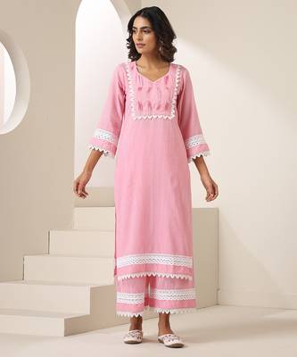 Pink plain cotton kurta set 1