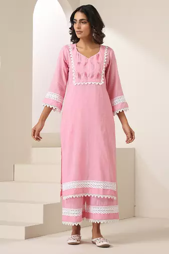 Pink plain cotton kurta set