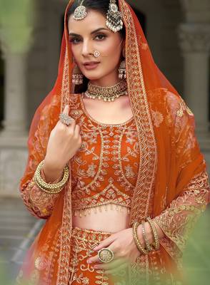 Rust Orange Heavy Can-Can Flair & Diamond Work Lehenga Choli With Dupatta 4