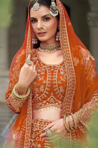 Rust Orange Heavy Can-Can Flair & Diamond Work Lehenga Choli With Dupatta